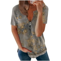 Huachen Тренди кошули женски летни модни модни обични гроздобер цветни печатени обични маици со кратки ракави со патент v-врат-пулвер блуза блузи врвови
