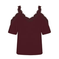 Краток Ракав Солидна Блуза Обични Врвови V-Вратот Мода За Жени ВИНО XL