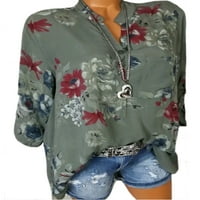 Плус големина жени летна обична кошула долга ракав цветно печатење копче блуза врв