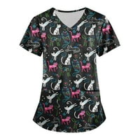 Базиреј Блуза За Жени Жени Мода В-Вратот Краток Ракав Работна Облека Со Џебови Печатени Врвови Розова XL