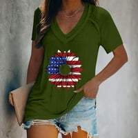 Дозвола Женски Блузи V - Вратот Денот На Независноста Блуза Печатени Жени Блузи Краток Ракав Лабава, Армијата Зелена, И